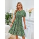 Printed bow round neck waist women's dresses