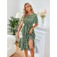 Printed bow round neck waist women's dresses